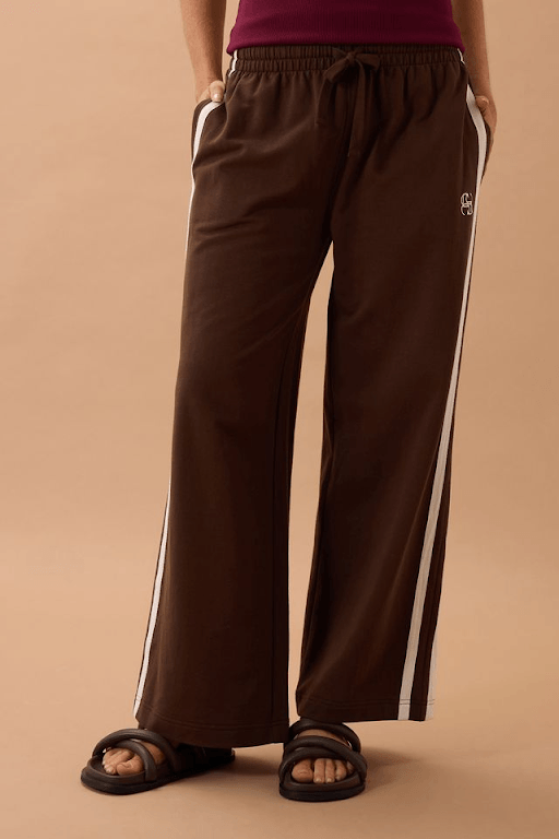 Gigi Wide Leg Terry Trackpant - Chocolate Side Stripe