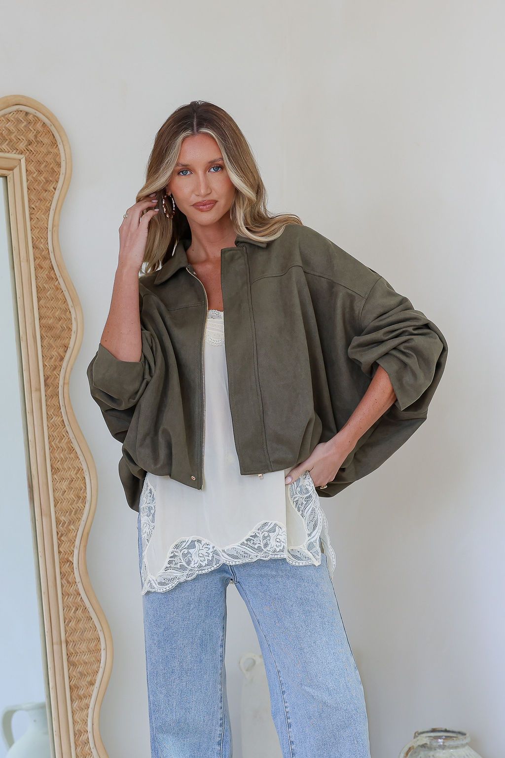 Suede Zip Gather Hem Bomber Jacket - Khaki