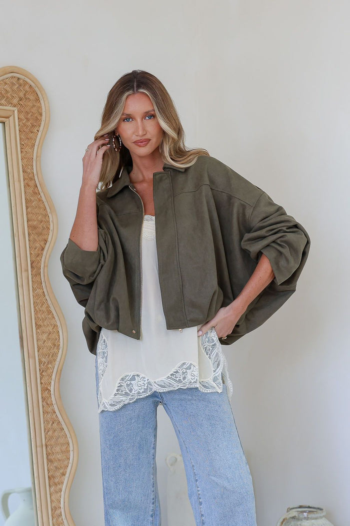 Suede Zip Gather Hem Bomber Jacket - Khaki