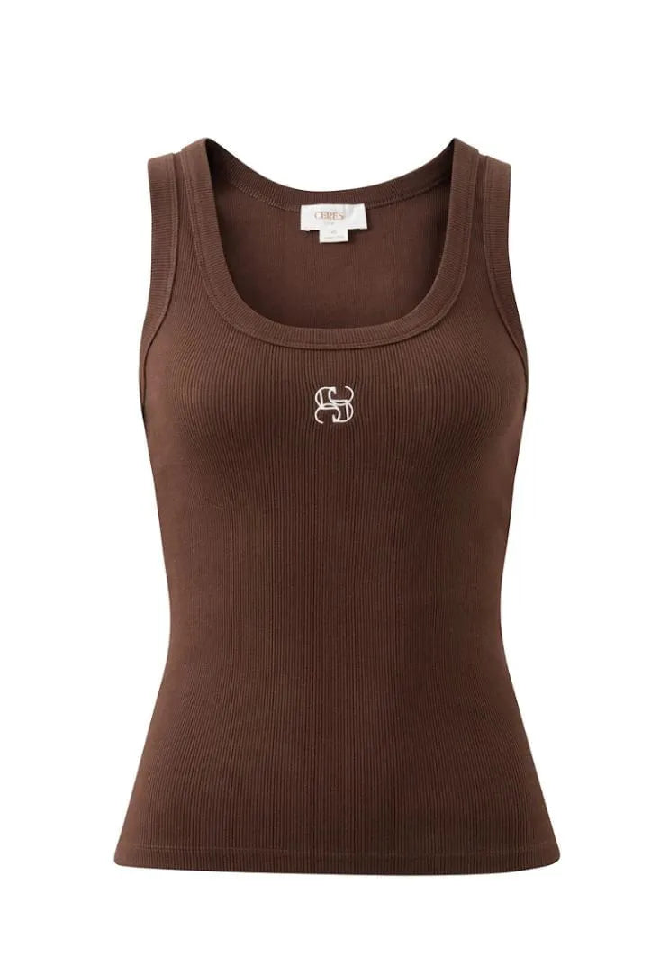 Zoe Contour Rib Scoop Tank - Chocolate/Monogram Embroidery