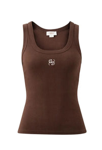 Zoe Contour Rib Scoop Tank - Chocolate/Monogram Embroidery