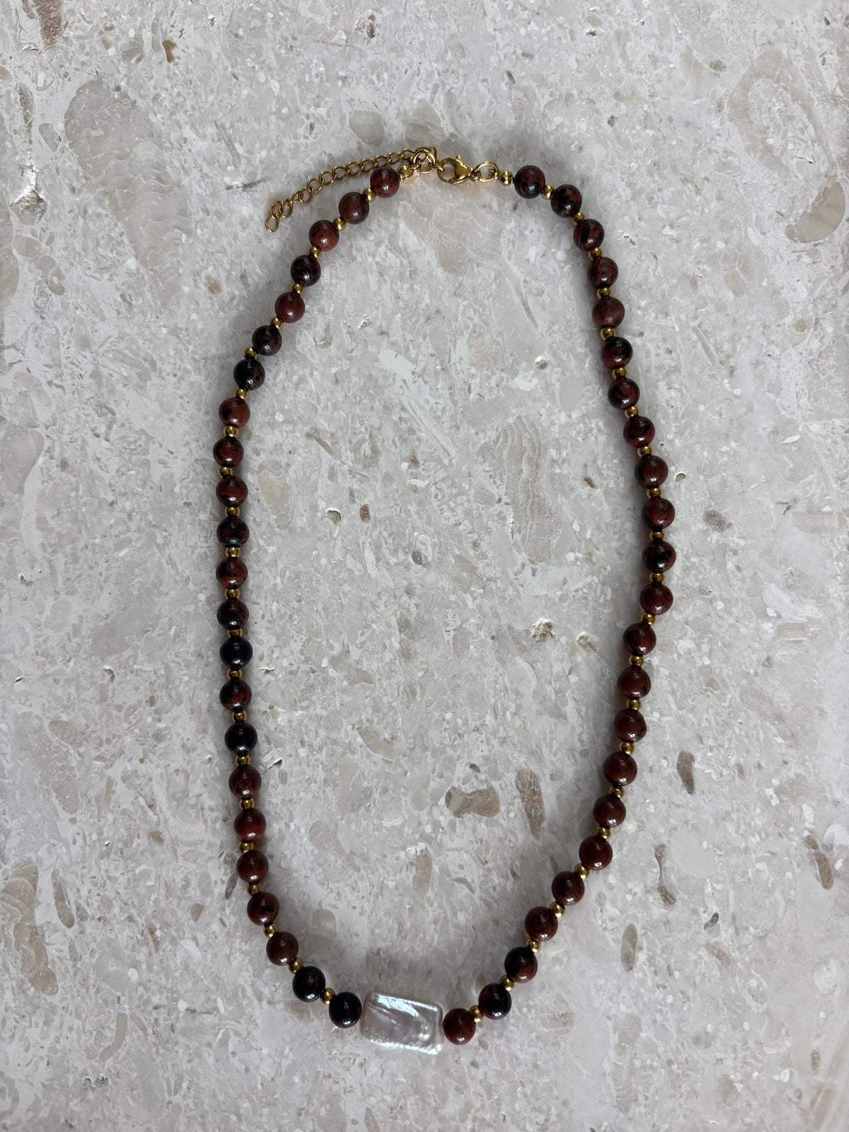 Brown Bead Necklace Gold 6mm