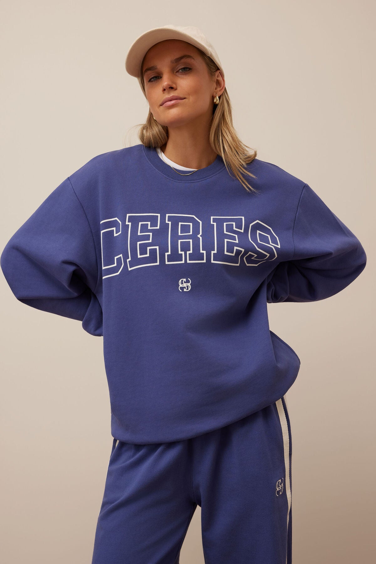 Isla Oversized Slouchy Crew - Washed Navy White Heritage Logo