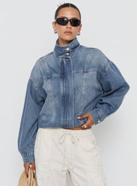 Denim Funnel Neck Bomber Jacket - Mid Wash