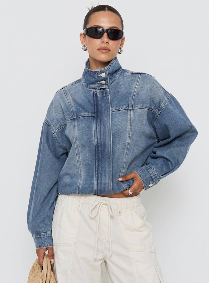 Denim Funnel Neck Bomber Jacket - Mid Wash