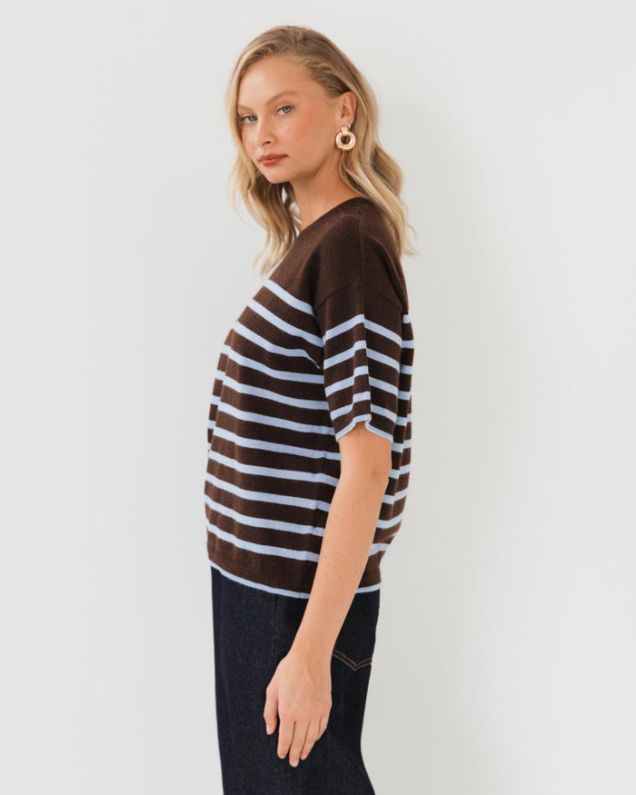 Sadie Stripe Knit Tee - Chocolate Blue