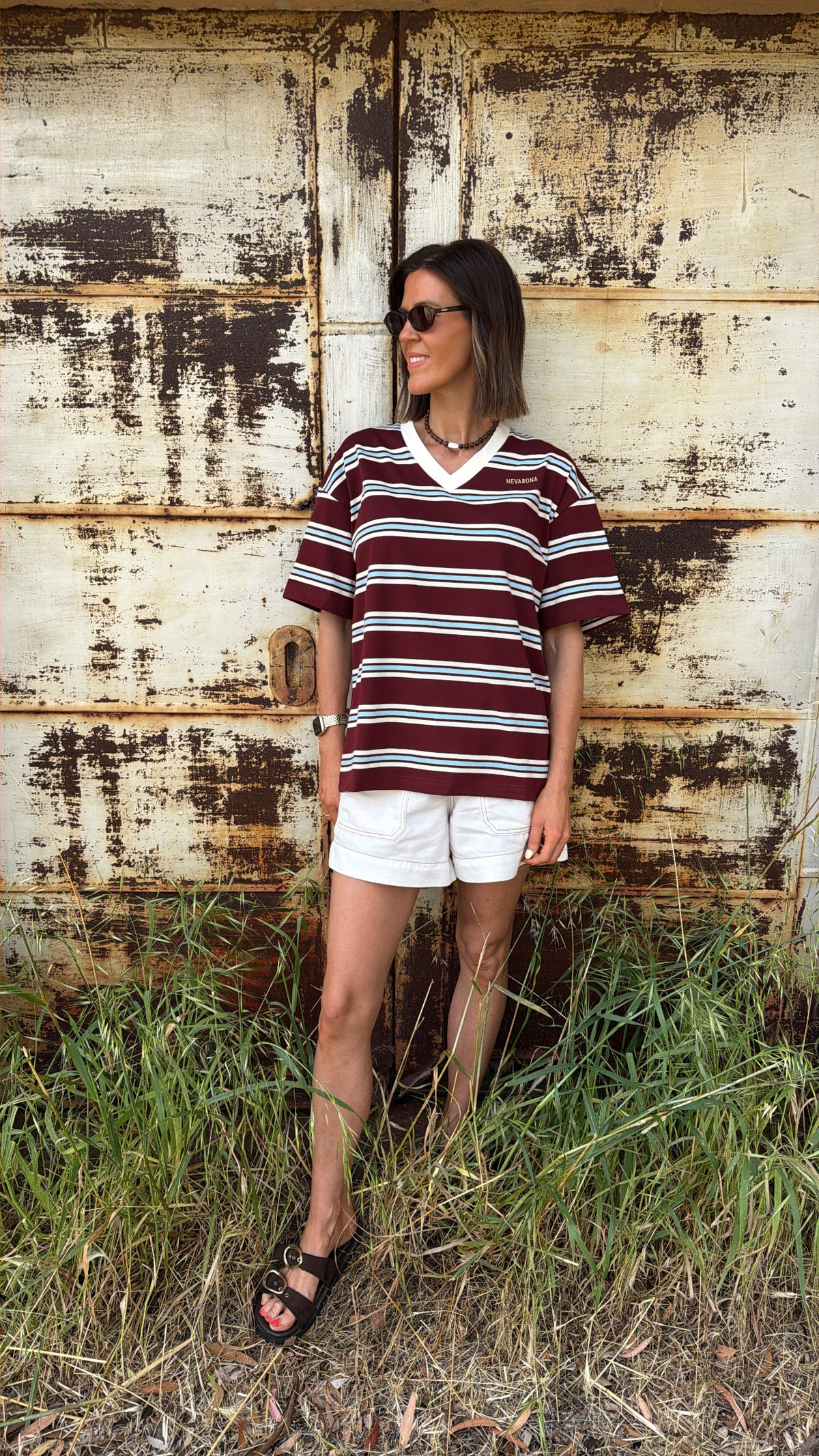 THE DRIFTER | V Tee - Cream Burgundy Stripe