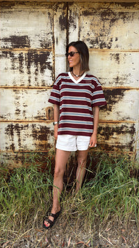THE DRIFTER | V Tee - Cream Burgundy Stripe