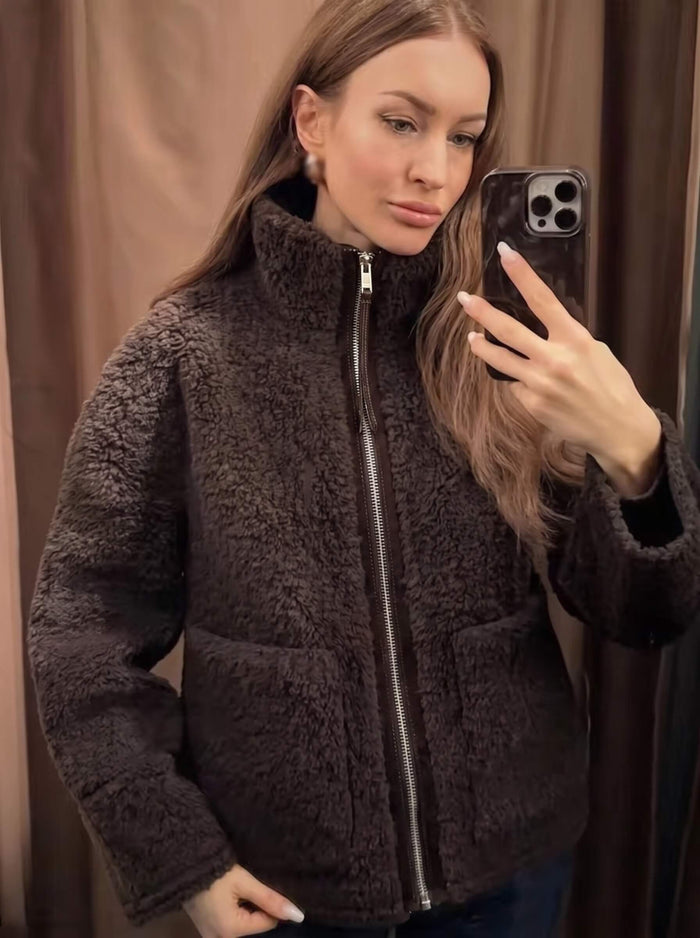Zip Front Teddy Funnel Jacket - Chocolate