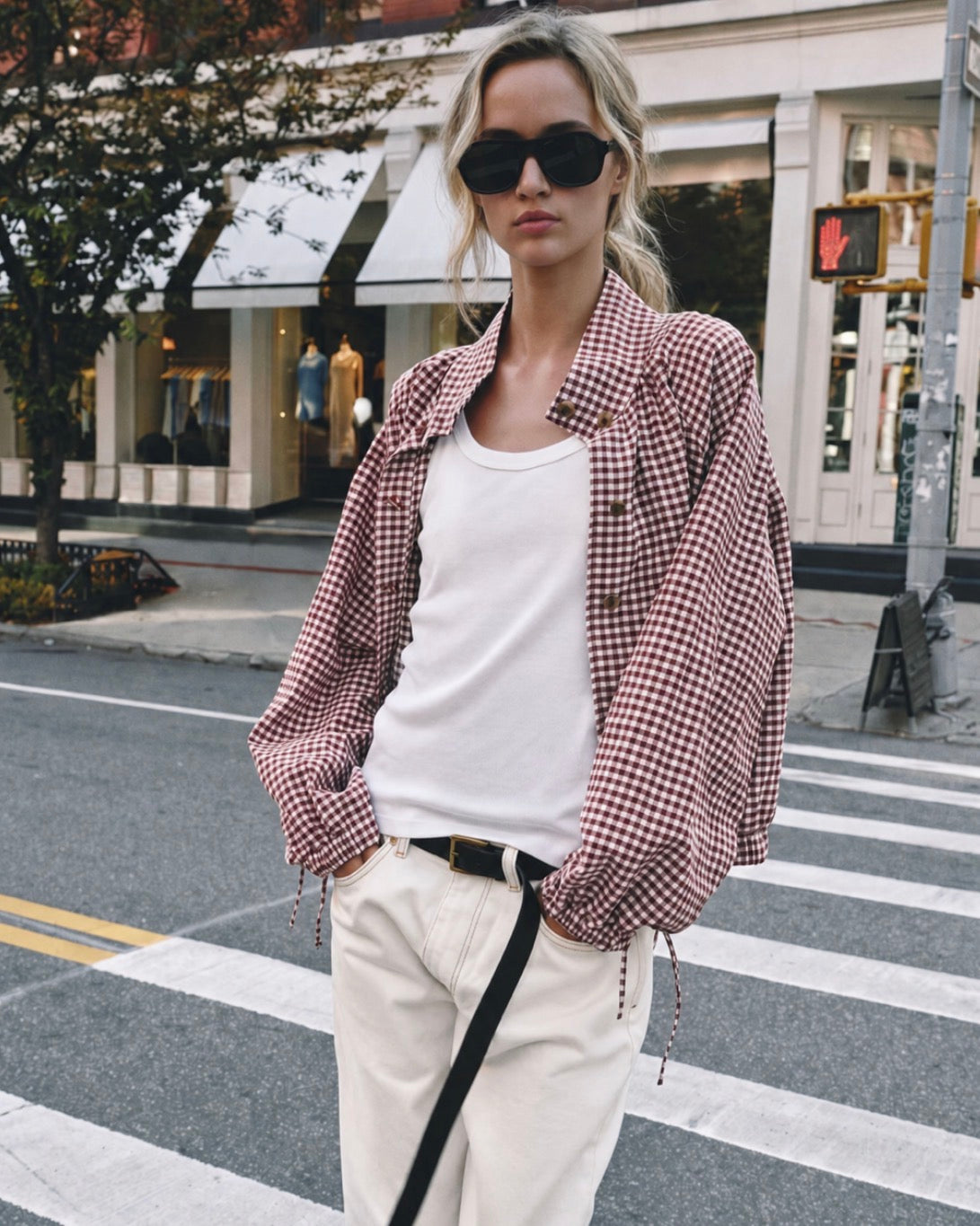 Button-Through Drawstring Gingham Jacket - Red/White