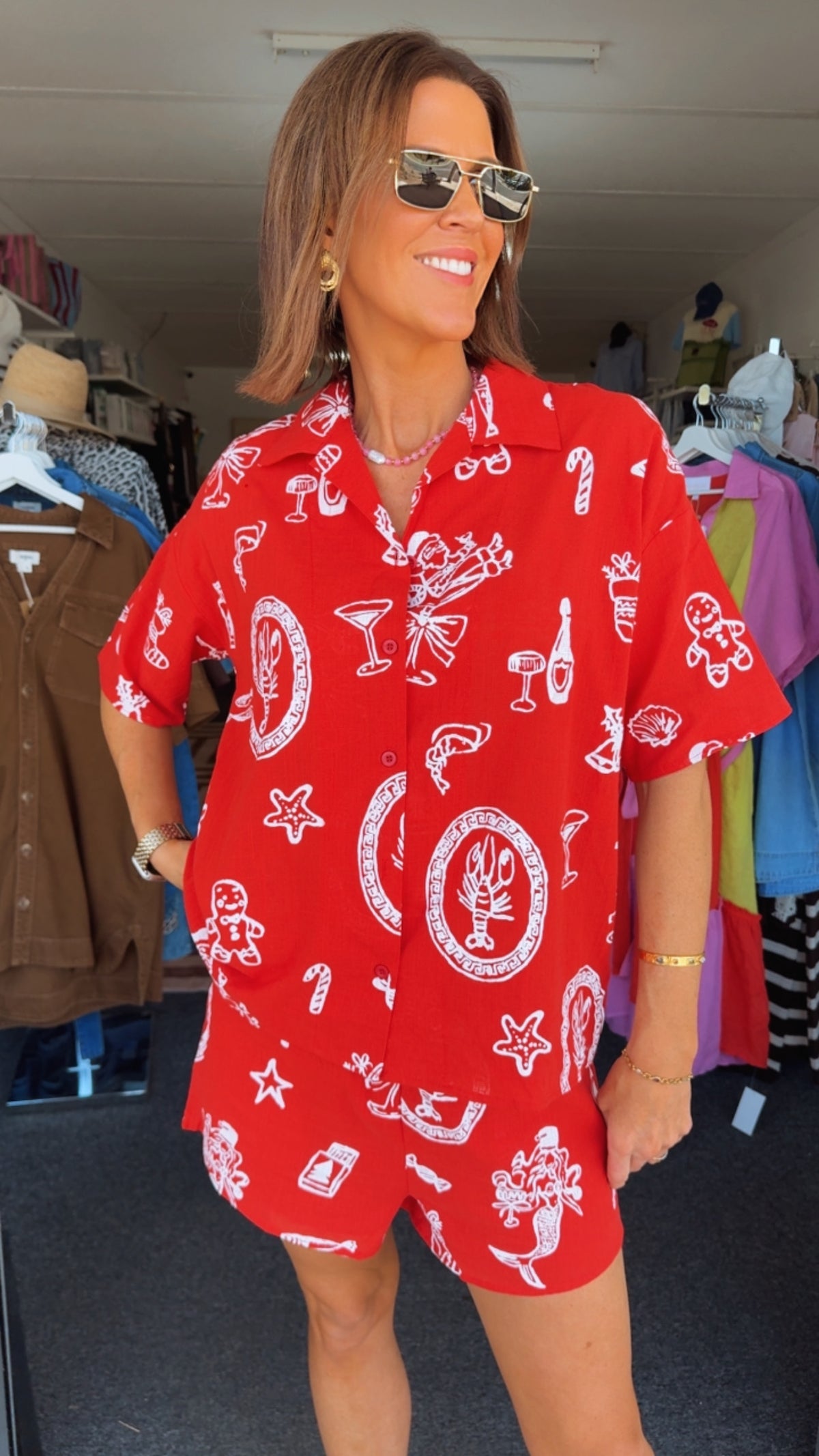 Red Santa Print Short Set