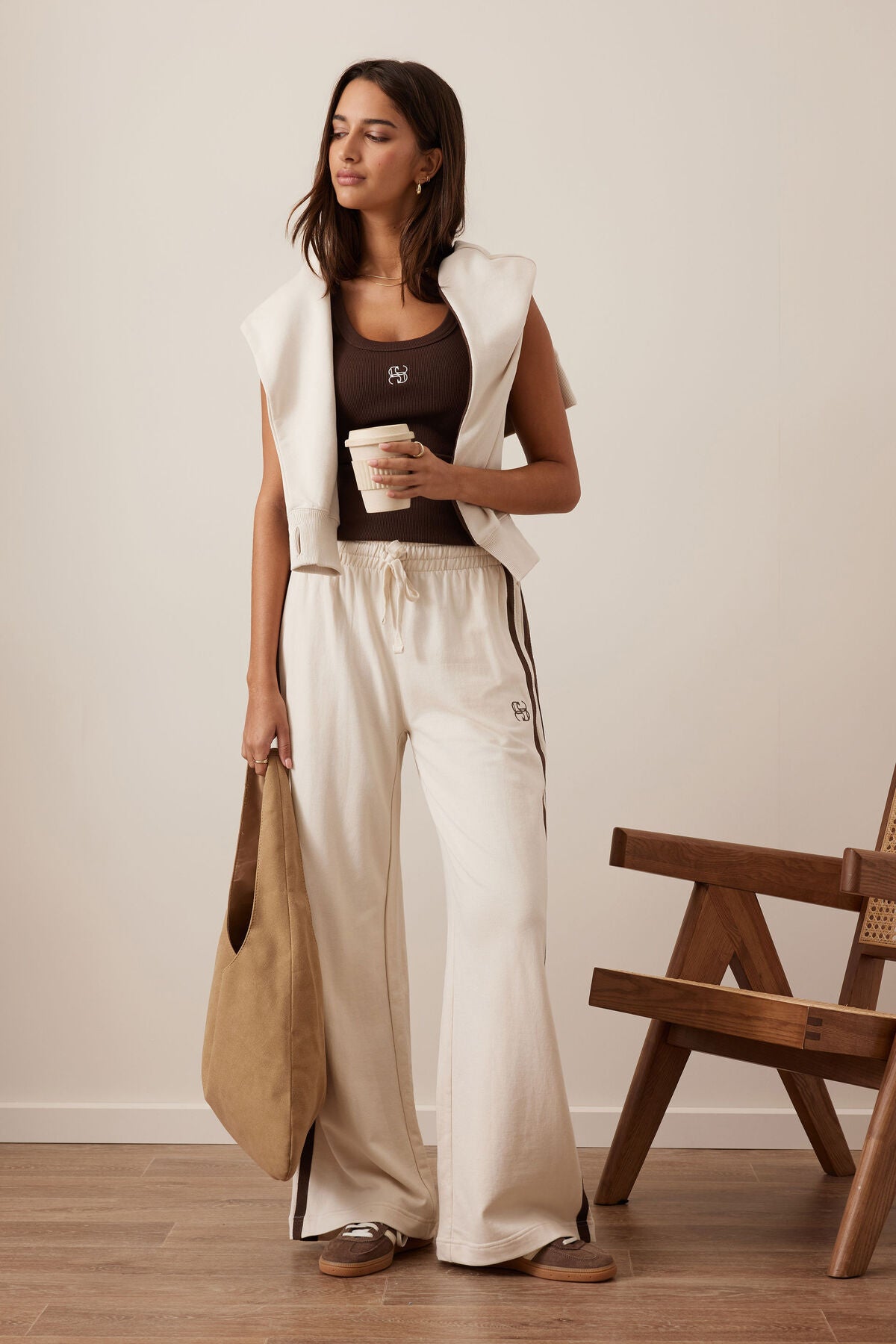 Gigi Wide Leg Terry Trackpant - Buff/Chocolate Side Stripe