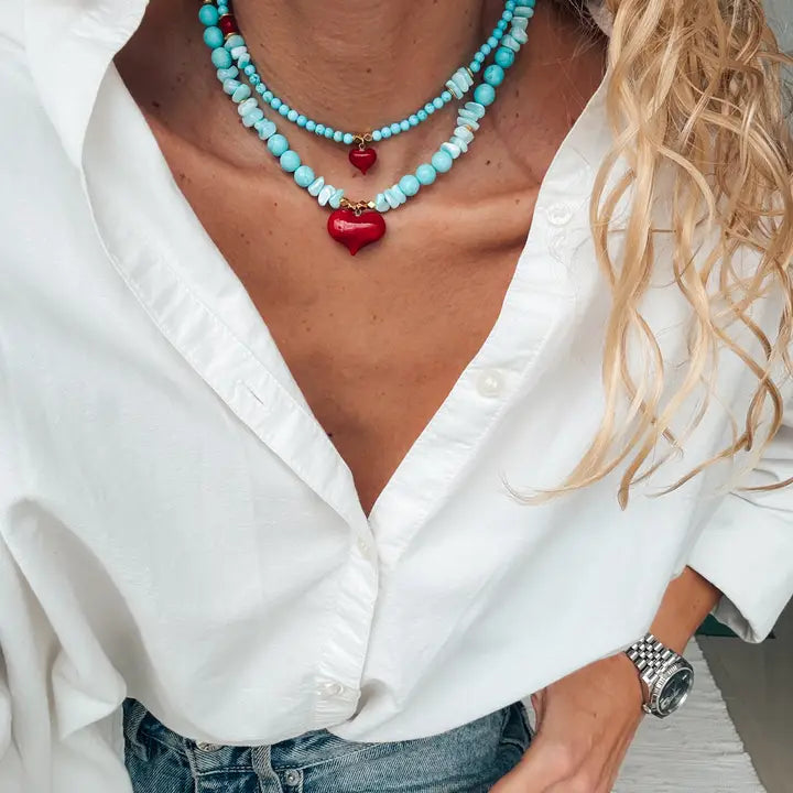 Semiprecious Howlite Turquoise Beads Necklace with Red Heart