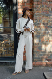 Gigi Wide Leg Terry Trackpant - Buff/Chocolate Side Stripe