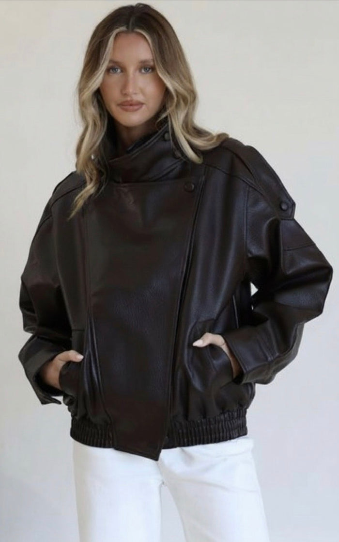 Funnel Neck Leather Jacket – Chocolate