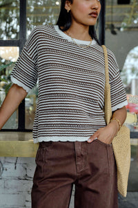 Nina Boxy Knit Tee - Chocolate Stripe