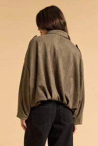 Faux Suede Bomber Jacket – Khaki