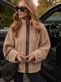 Zip Front Teddy Funnel Jacket - Tan