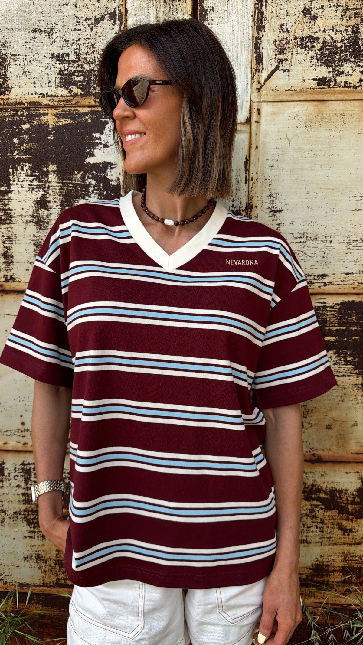 THE DRIFTER | V Tee - Cream Burgundy Stripe