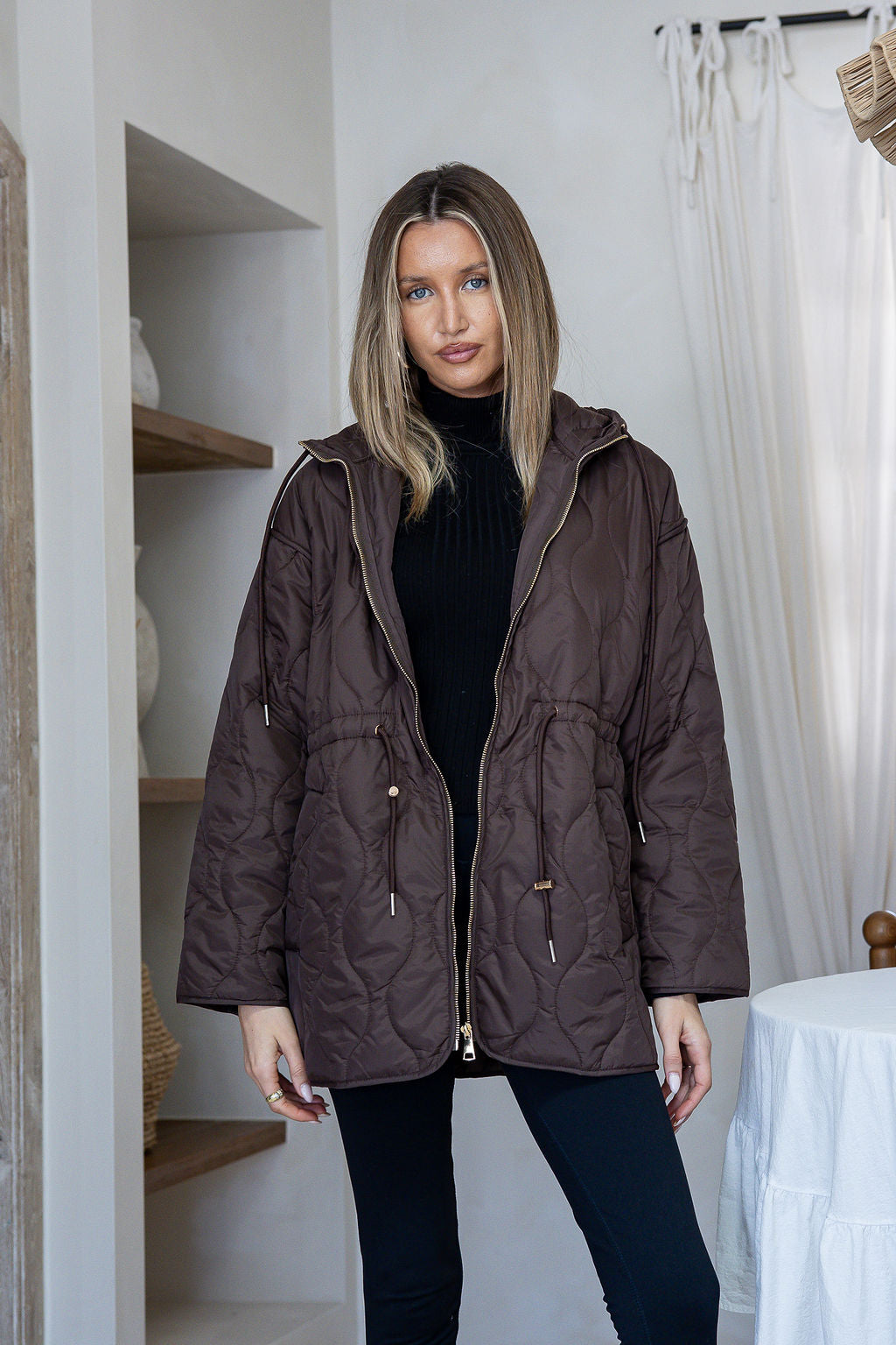 Quilted Drawstring Hooded Anorak - Chocolate