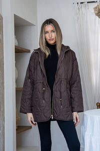 Quilted Drawstring Hooded Anorak - Chocolate