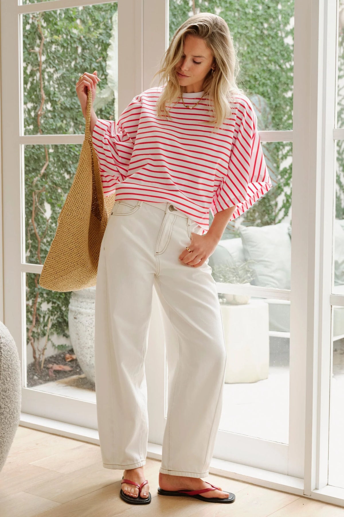 Lucy Relaxed Sleeve Tee - White/Heritage/Red Stripe