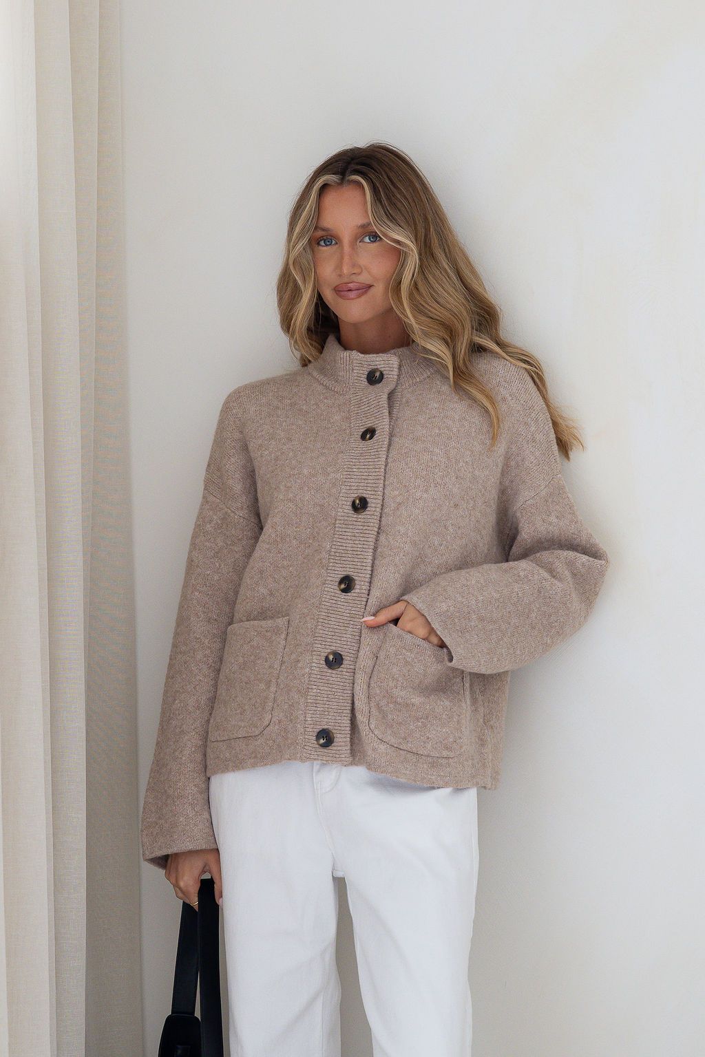 Funnel Neck Cardi – Warm Beige