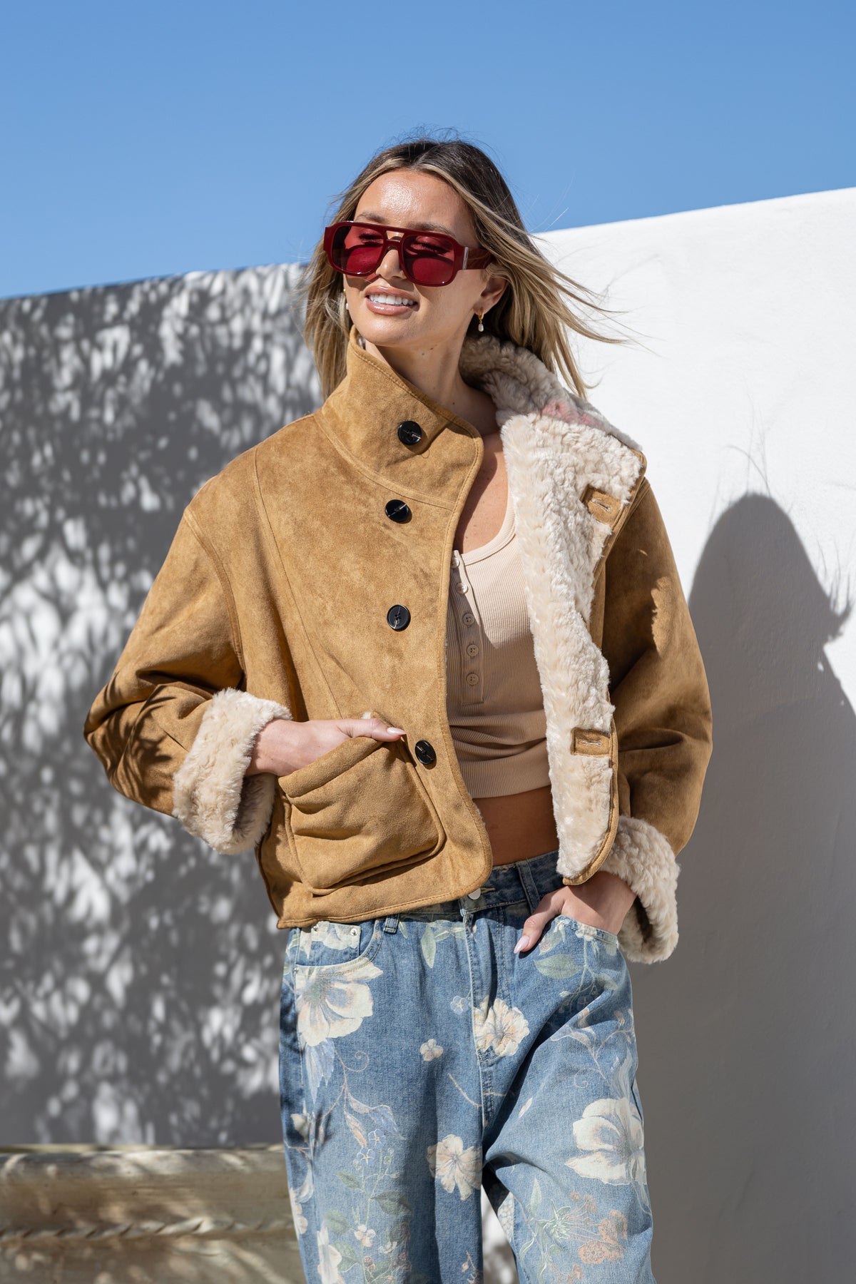 Two Way Reversible Teddy Jacket - Tan/Natural
