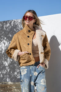 Two Way Reversible Teddy Jacket - Tan/Natural