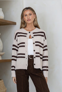 Phoenix Button Stripe Cardi - Natural/Chocolate