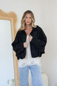 Suede Zip Gather Hem Bomber Jacket - Black