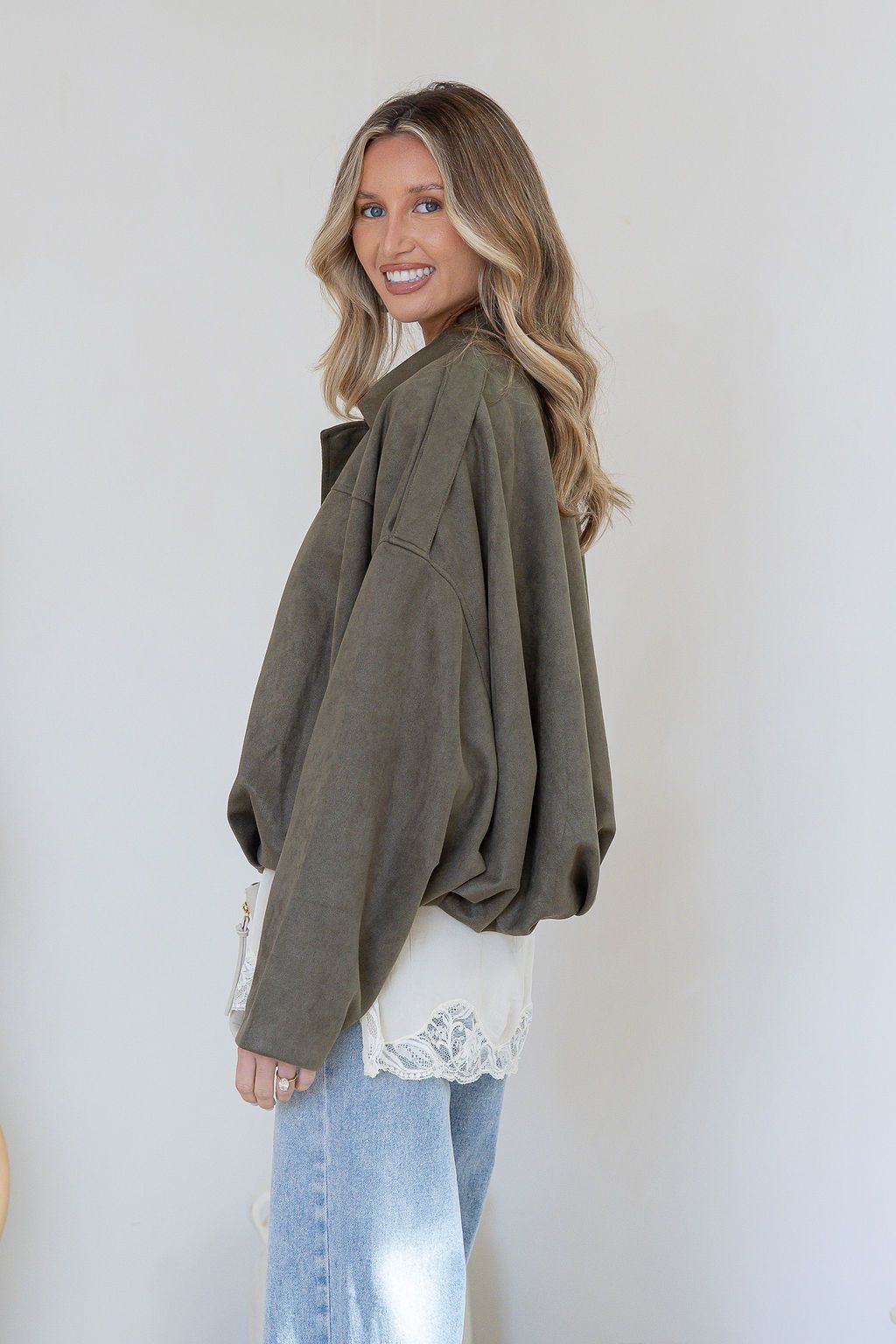Suede Zip Gather Hem Bomber Jacket - Khaki