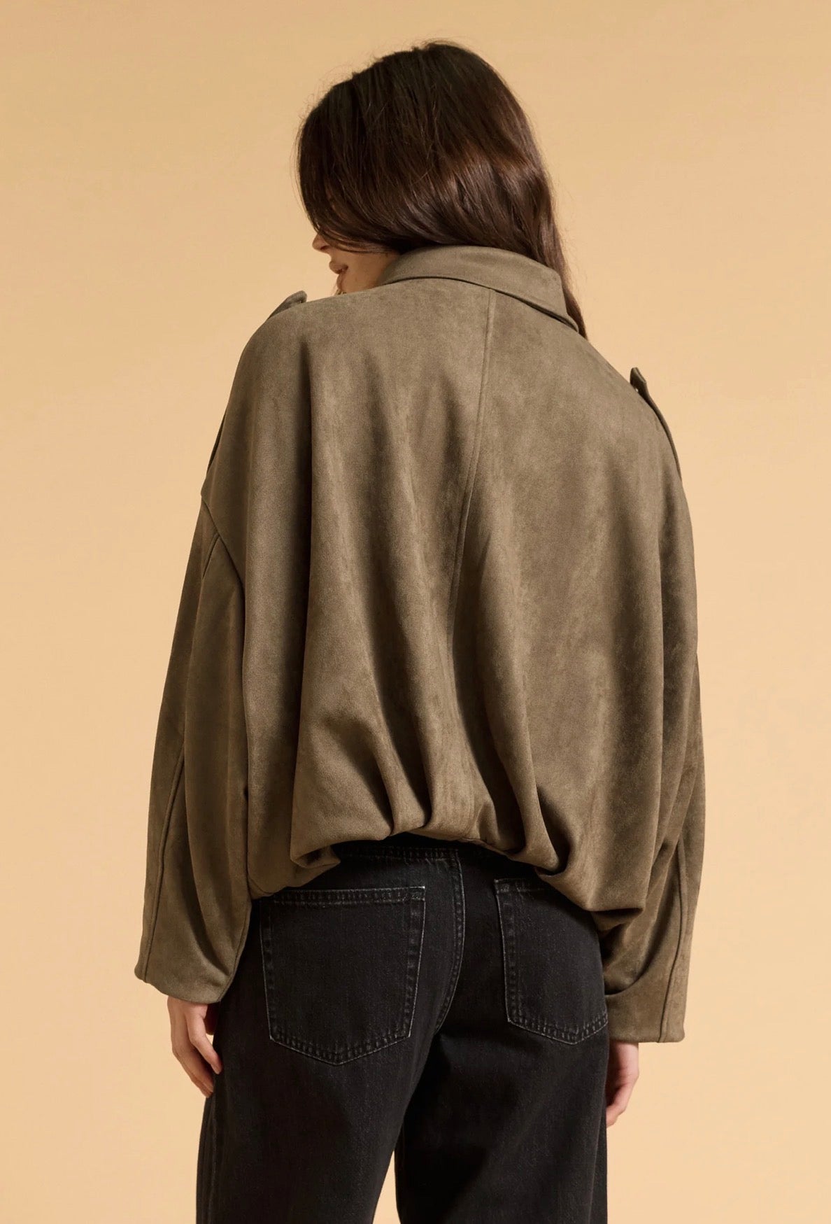 Faux Suede Bomber Jacket – Khaki