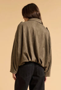 Faux Suede Bomber Jacket – Khaki