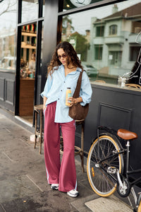 Gigi Wide Leg Terry Trackpant - Washed Burgundy Sky Blue Side Stripe