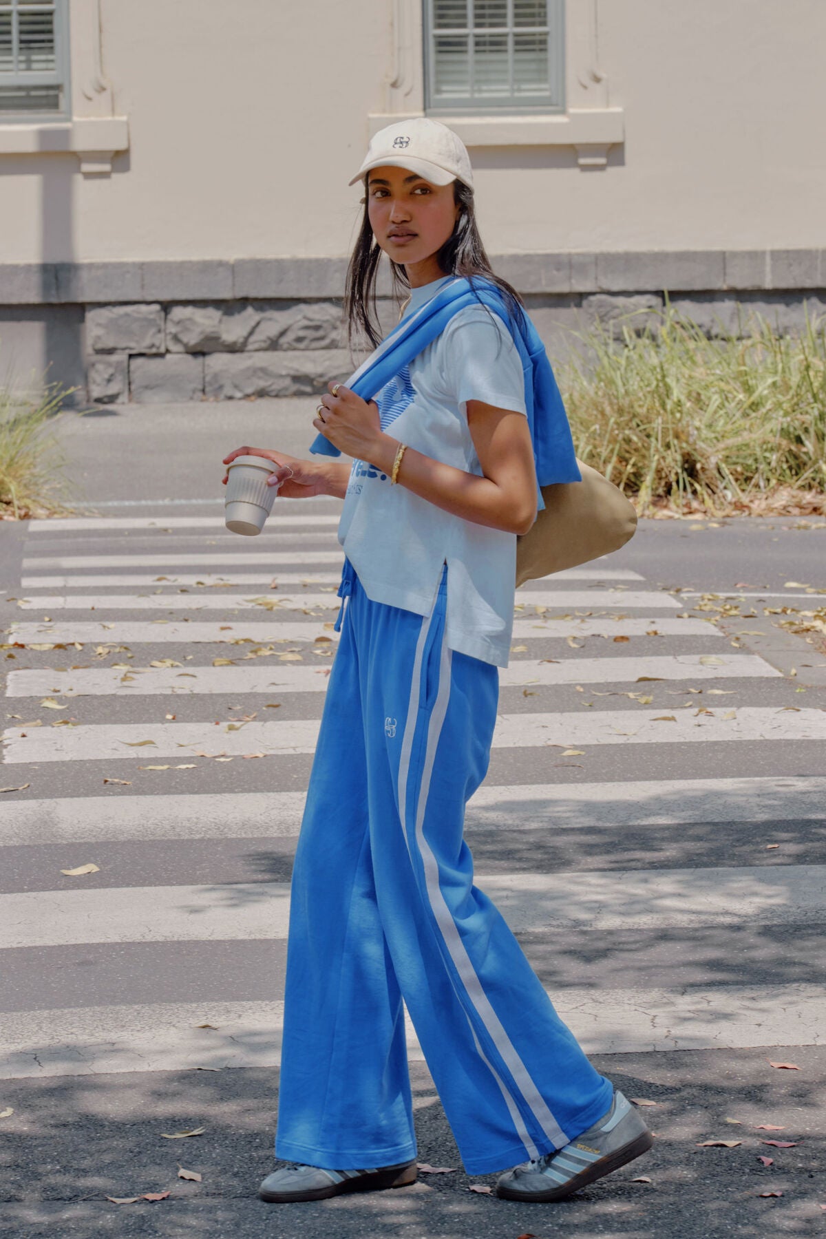 Gigi Wide Leg Terry Trackpant - Marine Blue Side Stripe