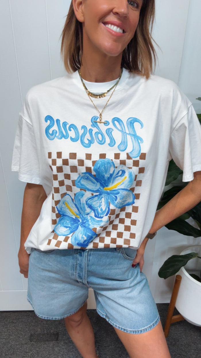 White/Blue Hibiscus T-shirt