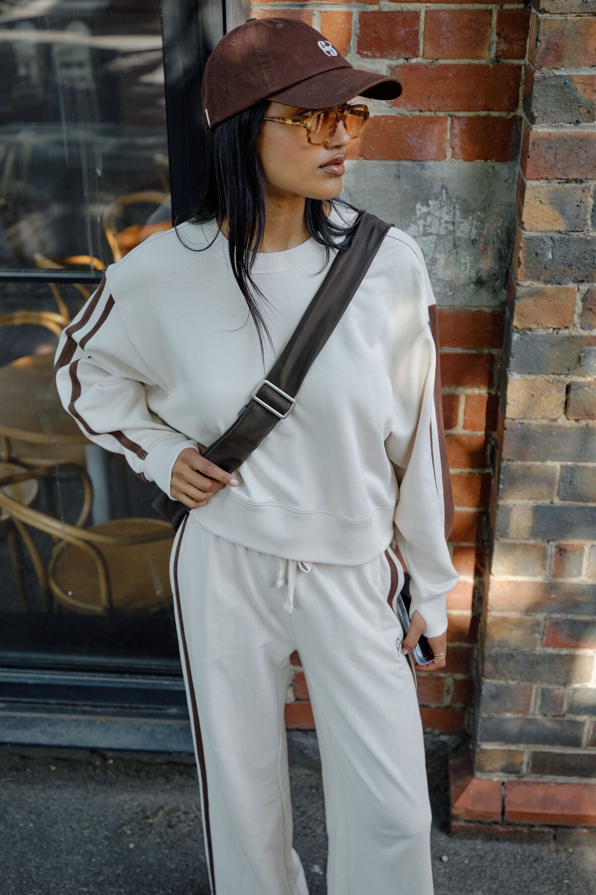 Sasha Sporty Slouchy Crew - Buff Chocolate Side Stripe