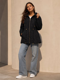 Quilted Drawstring Hooded Anorak - Black
