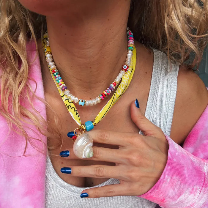 Yellow Bandana Scarf Necklace OR Pearls and Bead Necklace