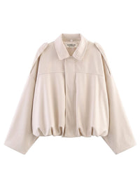 Suede Zip Gather Hem Bomber Jacket - Cream