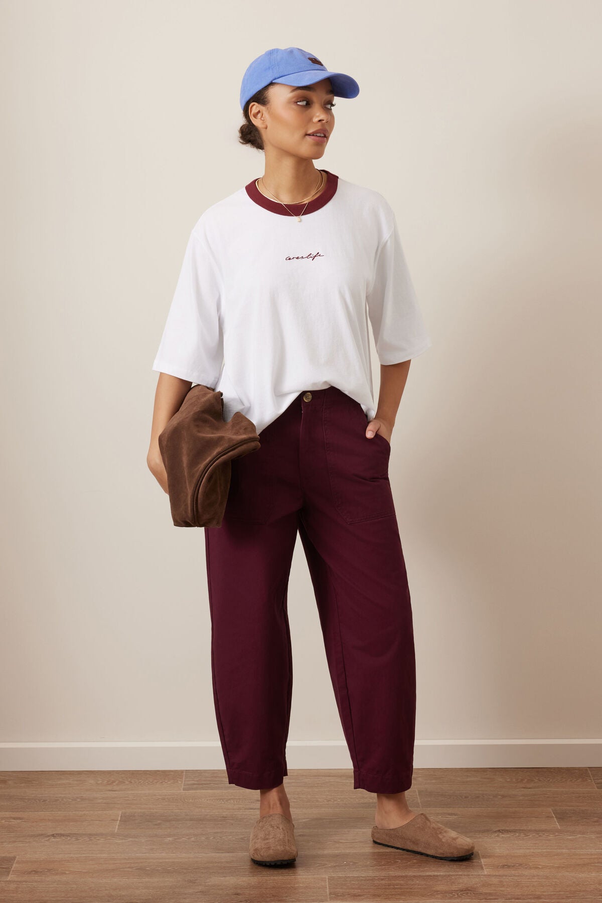 Macy Print Tee - White/Mulberry Script