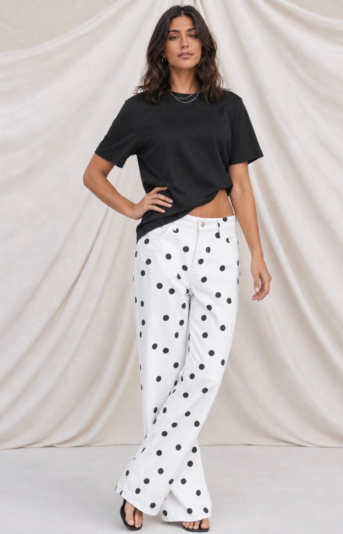 Polka Dot Denim Straight Leg Jeans - White/Black