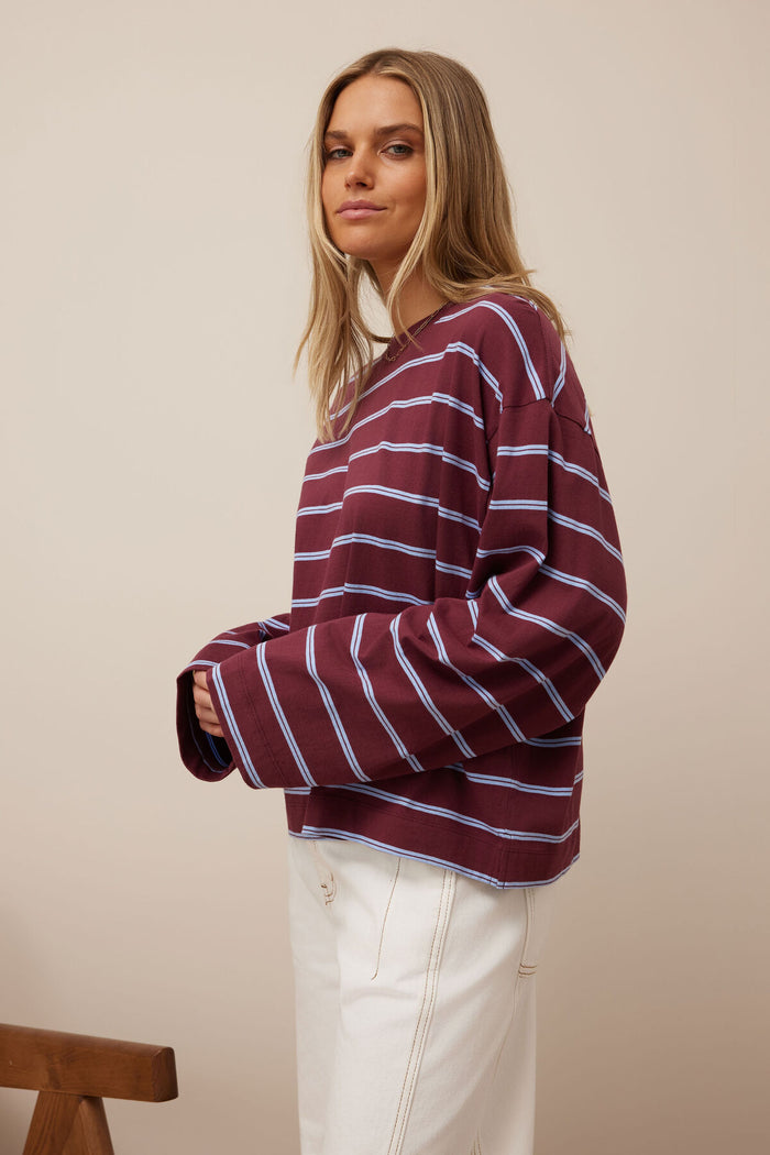 Beau Long Sleeve Slouchy Tee - Washed Burgundy/Sky Blue