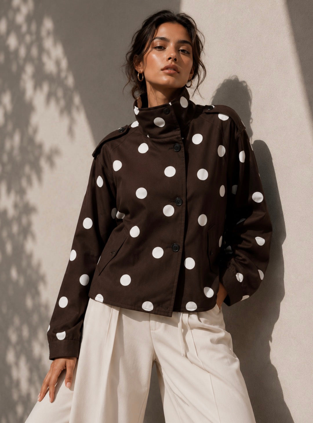 Funnel Neck Polka Dot Jacket – Brown/White