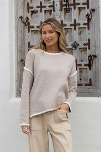 Contrast Trim Side Split Knit -Latte