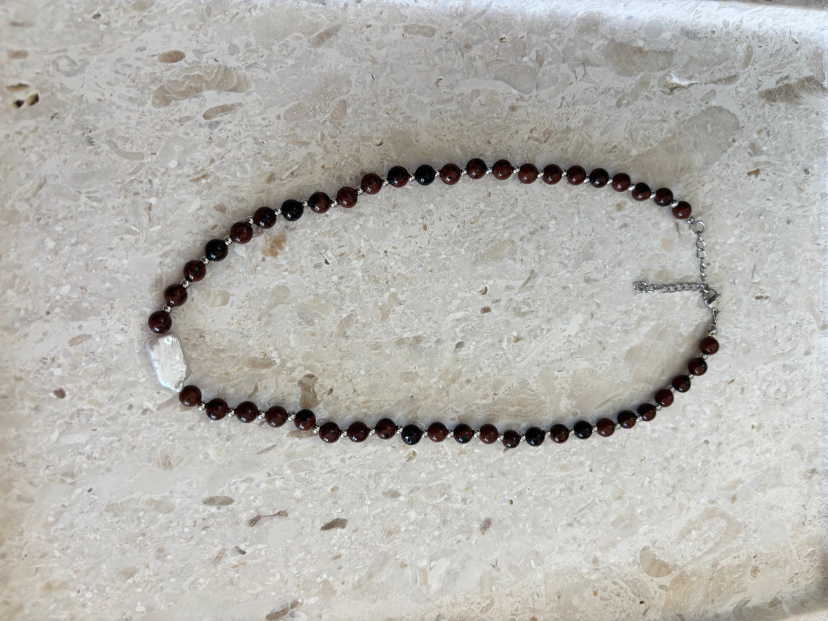 Brown Beaded Necklace Silver 6mm
