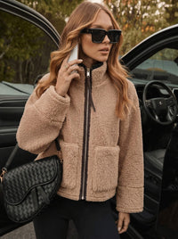 Zip Front Teddy Funnel Jacket - Tan