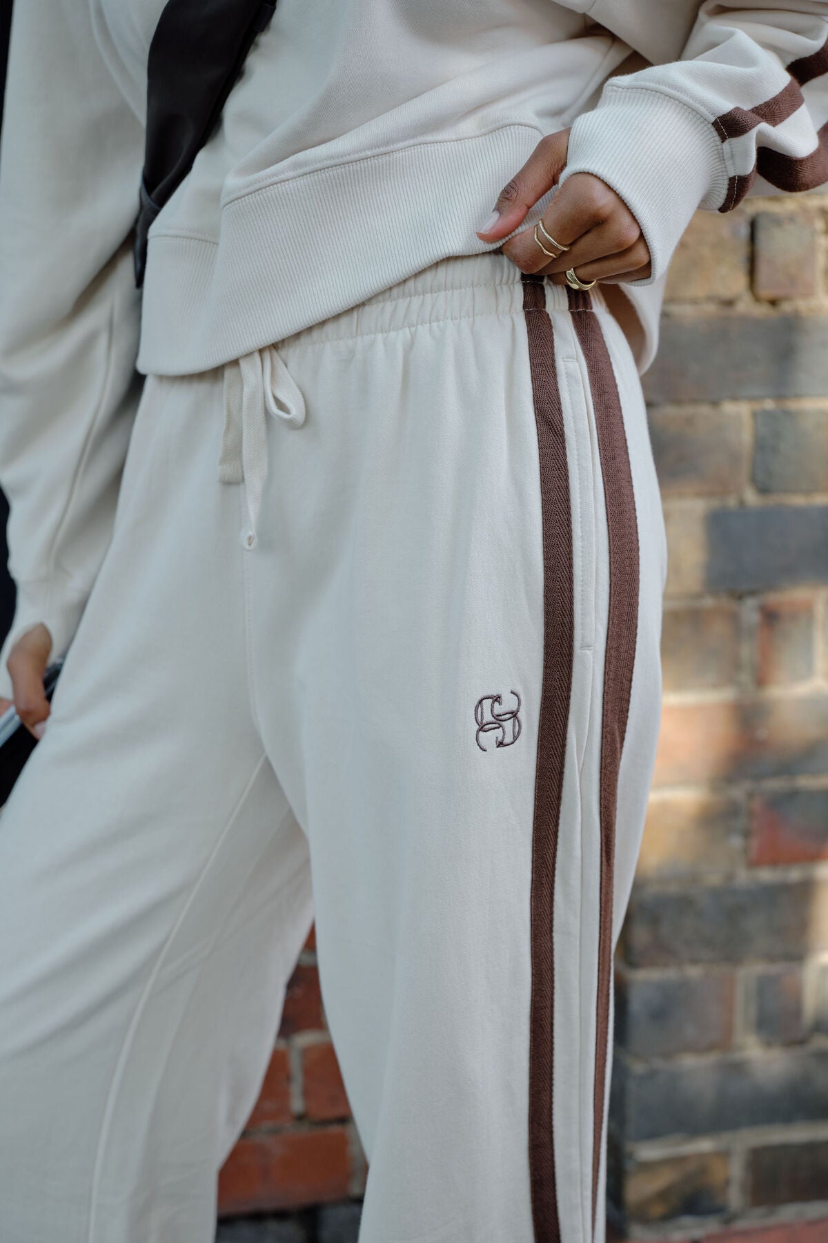 Gigi Wide Leg Terry Trackpant - Buff/Chocolate Side Stripe