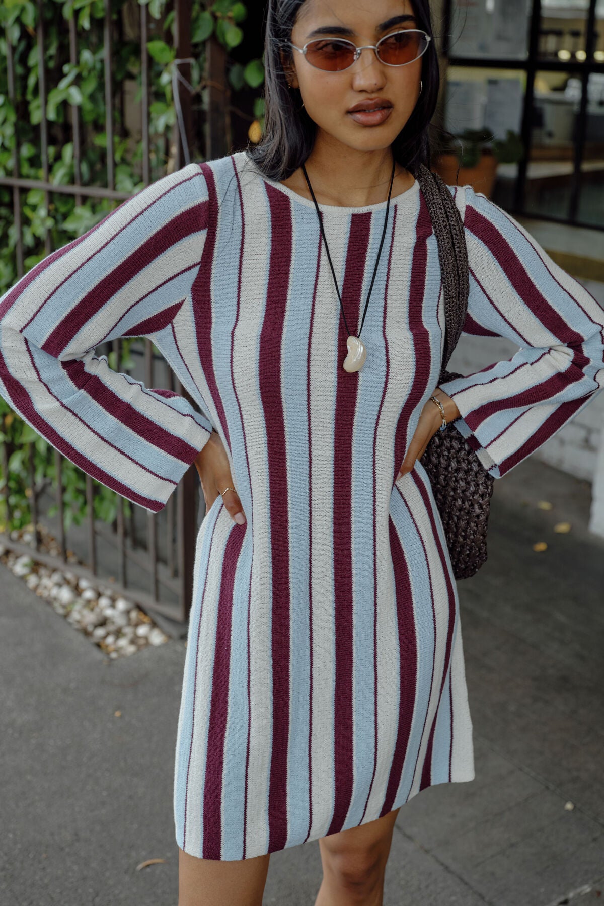 Chloe Stripe Knit Mini Dress - Blue wine stripe